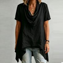 Women's Cowl Neck Linen Blouse Summer Casual Loose Fit Breathable Pleated Top L