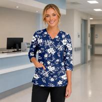Women's V-Neck Scrub Top with Pockets, Floral Print, Three Quarter Sleeve L