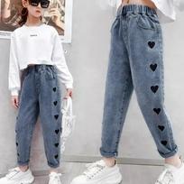 Girls Fashion Jeans With Pockets Embroidered Heart Denim Pants 100