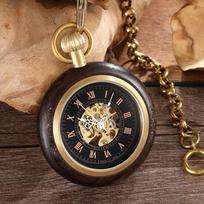 Weflourish Hand Winding Men Red Wood Around Classic Vintage Men Fob Mechanical Pocket Watch
