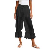 Women's Casual Pants with Lace and Sheer Mesh Trim, Lined, for Everyday Wear L