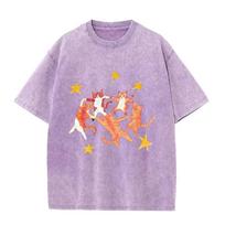 Vintage Washed Purple Dancing Orange Cats Star Print Casual Cute Animal Graphic T Shirt S