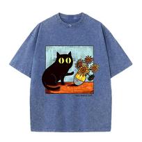 Funny Art Cat  Van Gogh's Cat  Print Vintage Washed Blue Casual Graphic T Shirt S
