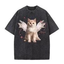 Vintage Black Cat T Shirt Angel Wings Graphic Acid Wash Oversized Tee S