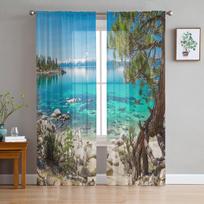 Paplūdimys Jūros Vandens Medžiai Kraštovaizdis Tiulis Užuolaidos Svetainės Apdailai Šiuolaikinės Chiffon Sheer Voile Virtuvės užuolaidos 135W x 114H(cm)