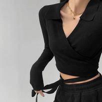 WTEMPO Girl Waist Cross Bandage Polo Shirts Women Y2K Cropped Tops Women Spring Autumn Fitness V-neck T-shirts S