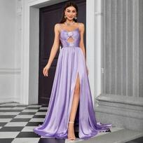 Cross-Border New Sexy Sling Evening Dress Birthday Prom Party Cut-out Dress Slim fit Slit Formal Dress Wedding Purple-Al31184 S