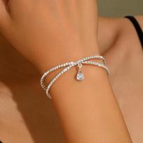 Bride's Luxurious Double-Layer Rhinestone Water Drop Pendant Cross-Open Bangle Women's Elegant Wrist Accessory 1pcs Bracelet