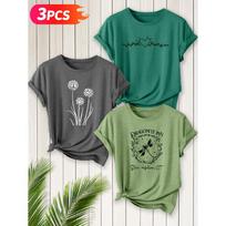 Three-piece set Elegant short-sleeved shirt for women Dandelion Dragonfly Hotel Printed Round Neck Women's T Shirt Suitable for spring S