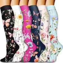 Floral Knee High Compression Socks Nylon Spandex Breathable Long Socks for Travel Work Sports   Supplier S M