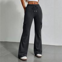 Women's High Waisted Flared Pants with Drawstring Waist and Side Pockets, Casual Bell Bottom Trousers for Everyday Wear L