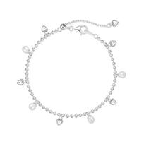 Dylam Grace Design Fine 925 Sterling Silver Rhodium Plated Beads Chain Love Heart Pearl Multiple Pendant Bracelet for Women 19cm