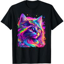 Neon Psychedelic Cat Portrait Graphic T-Shirt Round Neck Breathable Cotton Tee for Men S