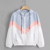 Fashion Hooded Windbreaker Jacket Women Elegant Color Block Patchwork Zipper Bomber Jacket Autumn Casual Coat Outerwear Raincoat XS