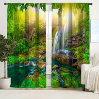 2pcs Summer Spring Landscape Tree Forest River Rock Waterfall Pattern Curtain Digital Printing Living Room Curtain Grommet Top Milled cotton fabric&Grommet Top