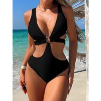 Women's White O-Ring Cutout One Piece Swimsuit - Deep V Neck Monokini S
