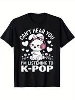 Cute K-Pop Rabbit Earphone Graphic T-Shirt - 100% Cotton Relaxed Fit Short Sleev S