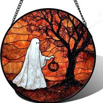 Stained Glass Halloween Pumpkin Suncatcher Cute Ghost Design For Halloween Party Window Hanging Decor A13