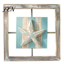 Waterproof Wood Wall Art 3D Conch/Starfish/Shell Wooden Frame Art, Distressed Coastal Style Decoration, Fresh Resort Ocean Inspired Decor for Bedroom A