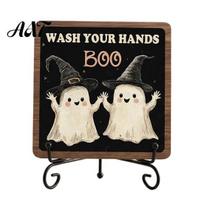 Retro Wood Grain Sign Halloween Wooden Table Sign, Cute Ghost Boo Plaque with Pattern Decor Metal Stand for Indoor Desk Shelf Home Rustic Fall A