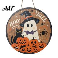 Rustic Farmhouse Door Decoration Halloween Boo Wood Hanger Sign with Cute Ghost Black Hat Pumpkin Print, Front Retro Party Scene Prop Porch A