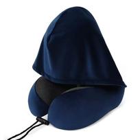 Memory Foam Travel Neck Pillow Hooded Adjustable Strap Soft Breathable Cover for Long Flight Car Ride tamsiai mėlyna spalva