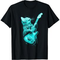 Funny Rock Cat Playing Electric Guitar Graphic Print Men's Cotton Casual T-Shirt S