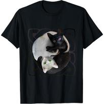 Yin Yang Cat T-Shirt Men Casual Round Neck Graphic Tee Breathable Cotton S