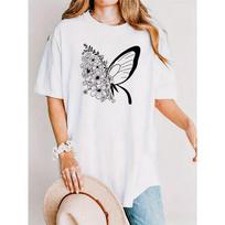 Black with Dark Butterfly Decor Lace Embroidered Casual Crew Neck Wavy Blonde Harajuku Sleeve Women's T-shirt S