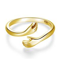 BAMOER 925 Silver Hug Open Ring Warm Love Hand Adjustable Glossy Ring for Women, His Big Loving Family Party Gift resizable auksas