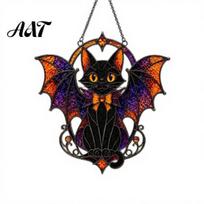 Weather Resistant Garden Decoration Halloween Bat Cat Suncatcher, Stained Glass Style Acrylic Sun Catcher, Gothic Indoor Outdoor Holiday Accents Black