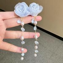 Mori Smart Long Earrings Super Fairy Blue Tulle Rose Beaded Fringe High-Grade Temperament Face Flattering Fashion Studs