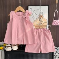 Girls Suit Solid Color New Korean Style Bow Pleated Sleeveless Top Shorts Two-piece Set for Small Summer Children's Clothing 23Y100 rožinė