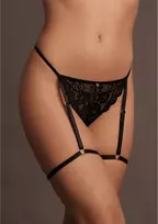 Le Désir by Shots Marie Lace Thong with Adjustable Garter Straps & Gold Accents One Size
