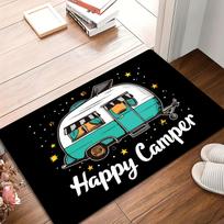 Happy Camping Door Mat Welcome Mat Retro Camping Car Pine Tree Design Suitable Outdoor Indoor Camping Forest Theme Decoration 60x90cm (23x35inch)
