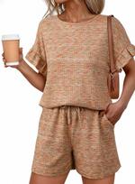 European and American cross-border 2026 summer new products women's round neck pullover lotus leaf sleeve drawstring pocket shorts set S