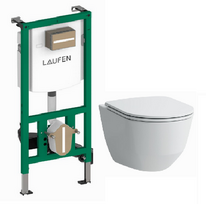 Komplektas LAUFEN PRO: Pakabinamas unitazas LAUFEN PRO Rimless (20966) su dangčiu softclose (98966) ir potinkinis rėmas INEO (20115)