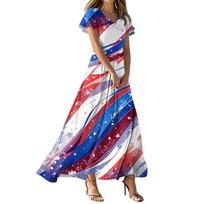 Women's Independence Day Flag Print Casual V-Neck Short Sleeve High Waist Dress L mėlyna