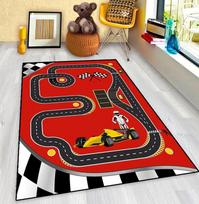 Vaikų lenktynių trasos kilimėlis - 3D lenktas dizainas su lenktyniniu automobiliu ir šachmatine vėliava, namų dekoracija, grindų kilimėliai miegamajam 40x60cm black