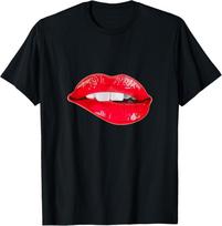 Red Lipstick Lips with White Teeth Biting Lip T-Shirt S