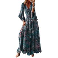 Women Maxi Dress V-neck Colorful Print Horn Sleeve High Waist Loose Hem