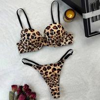 European and American sexy lingerie leopard print sexy bra thong set comfortable gathering underwear set S gray