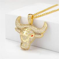 Fashion Animal Bull Head Pendant Necklace For Men Hiphop Iced Out Bling Micro Paved Red CZ Necklace Punk Rock Biker Jewelry