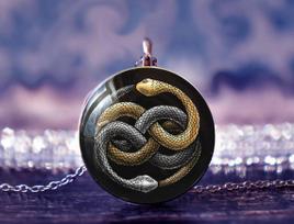 Gothic Double-sided Glass Double Snakes Entwined Orca Moth Yin-yang Taiji Time Gemstone Pendant Necklace for Women Men Jewelry