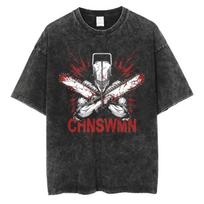 Hot Anime Chainsaw Man Makima Hayakawa Aki Power Graphic Washed Tshirt Men Manga Tshirts Vintage T Shirt Harajuku Cotton Tops S