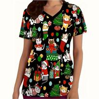 New Christmas Surgical Uniforms Woman Vet Dental Medical Uniform Microstretch V-Neck Short-Sleeve Tops Women's Medical Uniforms 5XL