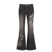 Women's Low Rise Flare Jeans Slim Fit Floral Plant Embroidery Vintage Washed Black Denim Long Pants Y2K Streetwear Bottoms S