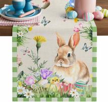 Happy Easter Bunny Egg Linen Table Runner Home Party Decor Spring Watercolor Floral Green Plaid Table Runners Easter Decorations 150x33cm