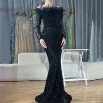 Women's Off Shoulder Long Sleeve Mermaid Dress Slim Fit Mid Rise Feather Beaded Mesh Maxi Evening Host Gown S