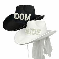 Romantic Bride White Cowboy Veil Hat Wide Brim Cowboy Pearl Bride Hat  Bridal Showers 2 Pieces